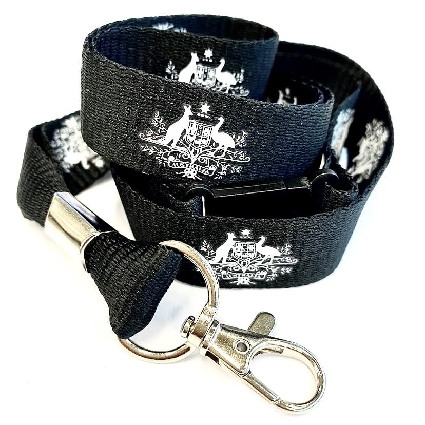 Black Australian Coat of Arms Lanyard (20mm black thicker polyester lanyard with heavy duty swivel hook