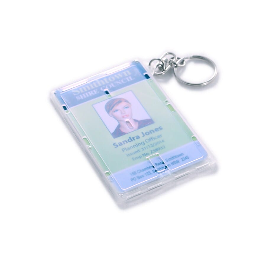 Frosted Rigid Fuel Card Holder with Key Ring (landscape with a swivel key ring at one of the top corners. Insert Size