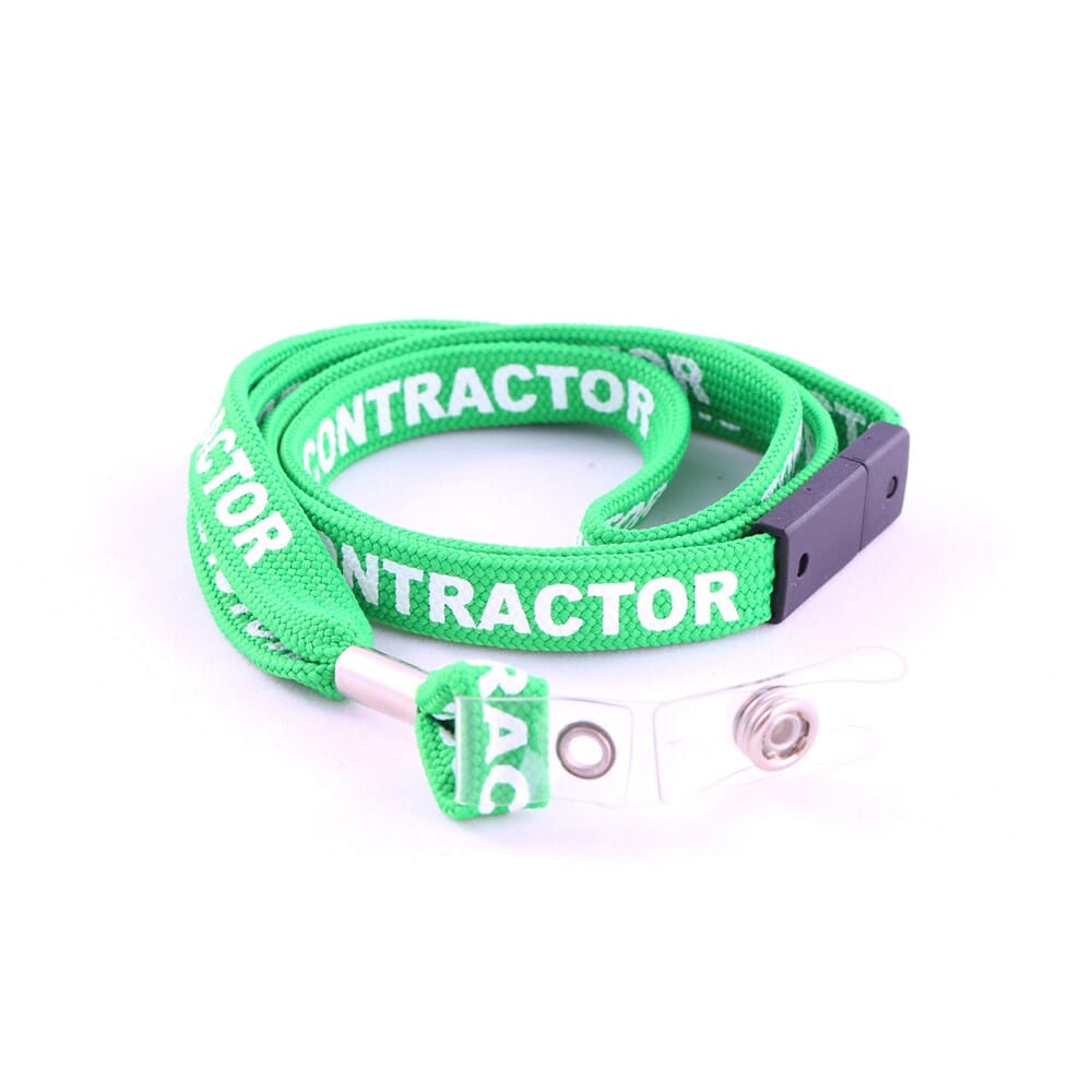 Green "VP CONTRACTOR" Lanyard (12mm green PMS355c flat tubular lanyard printed "VP CONTRACTOR" one side white with economy breakaway & swivel clip).