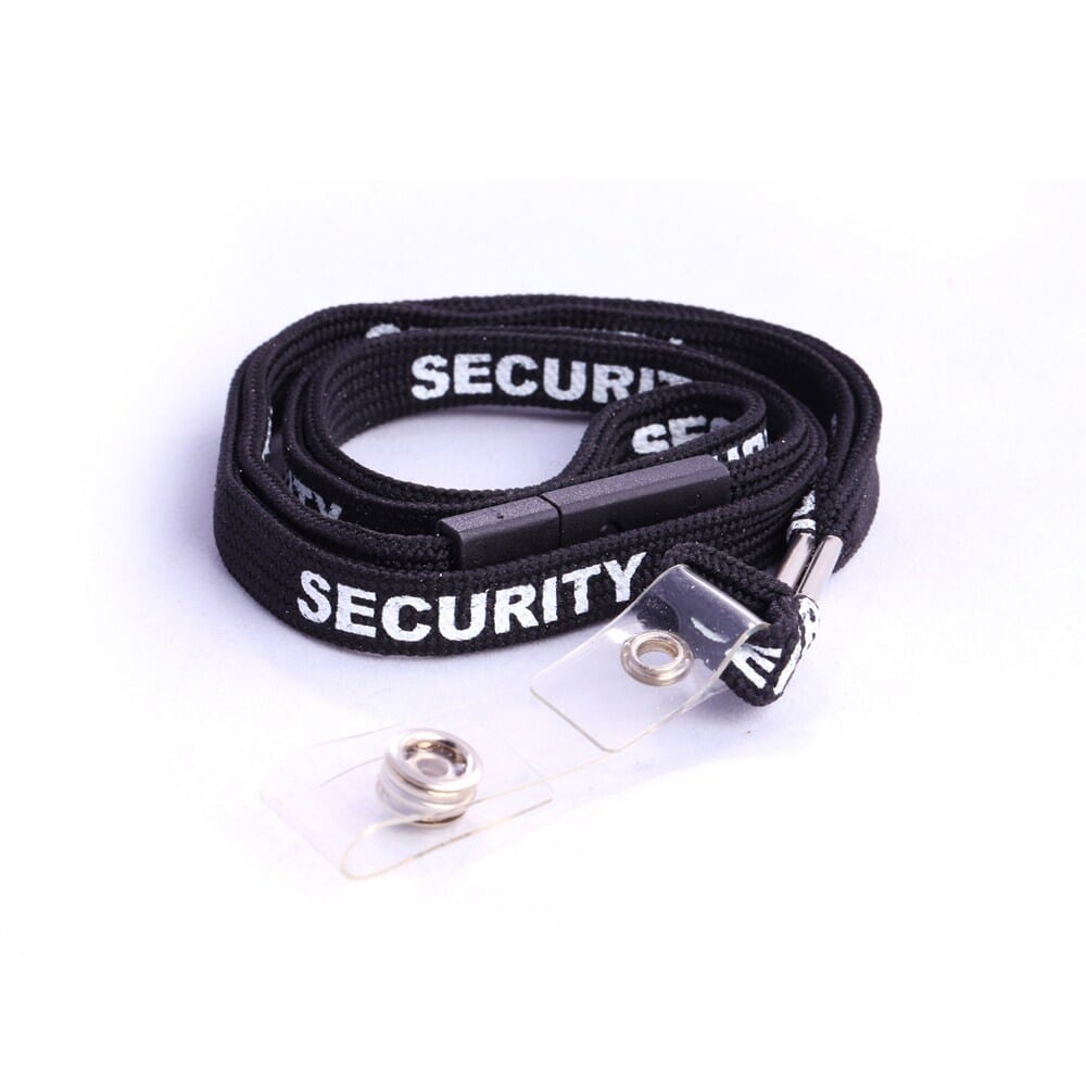 Black "SECURITY" Lanyard - 12mm (12mm black flat tubular lanyard with "SECURITY" printed in white on both sides