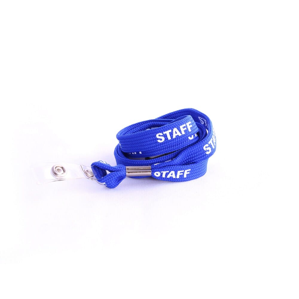 Blue "STAFF" Lanyard - 12mm (12mm blue flat tubular lanyard with "STAFF" printed in white on both sides