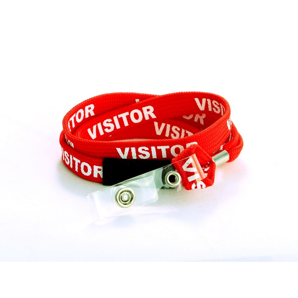 Red "VP VISITOR" Lanyard (10mm red PMS186 flat tubular lanyard printed "VP VISITOR" one side white with heavy duty swivel hook & breakaway).